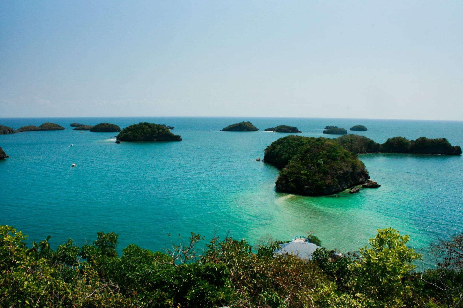 Small, round, forest-capped islets scattered across a turquoise sea, seen from a wooded height.