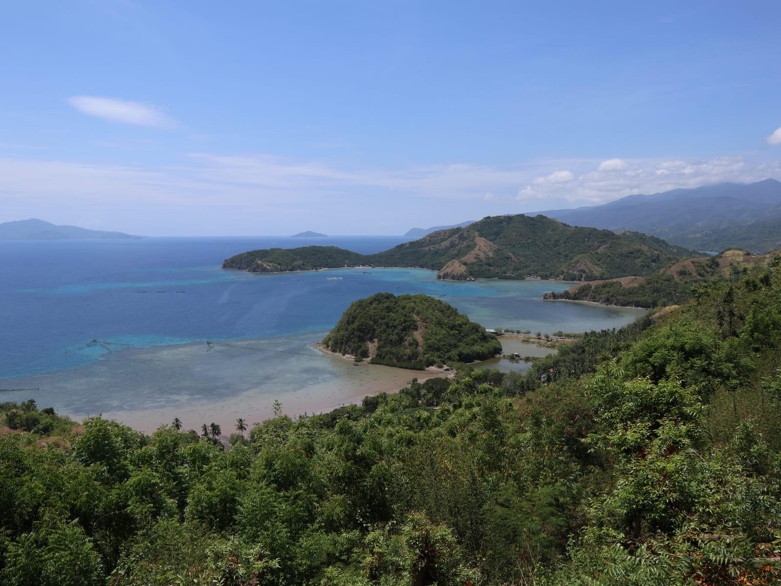 A long green headland curling across a turquoise bay, with a round wooded islet in the shallows below and forested hills in front, under a pale blue sky.