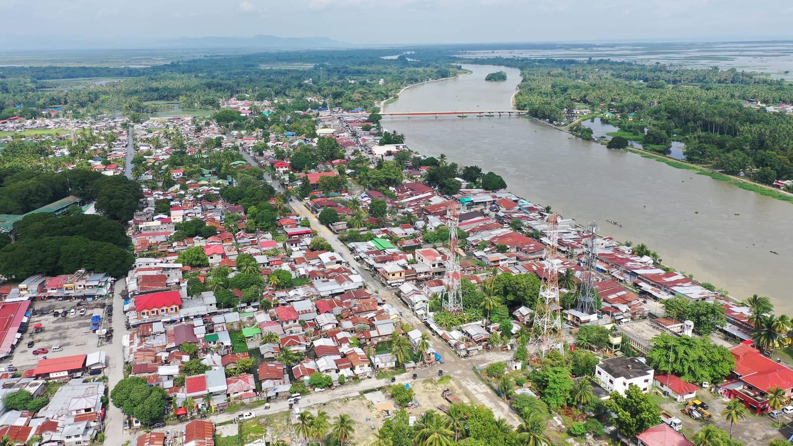 A town of red and grey roofs seen from the air along the bank of a wide brown river, with a long bridge across it, wooded banks and flat wetland stretching to the horizon.