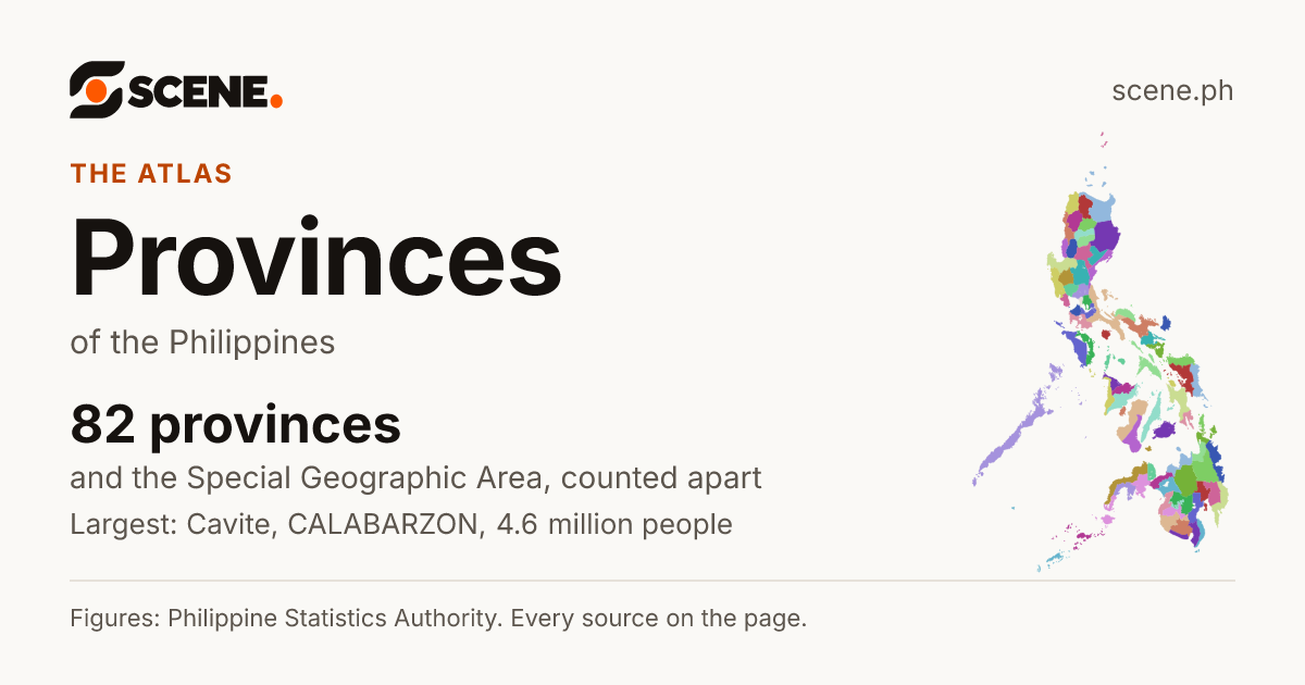Provinces of the Philippines: 82 provinces. The largest is Cavite.