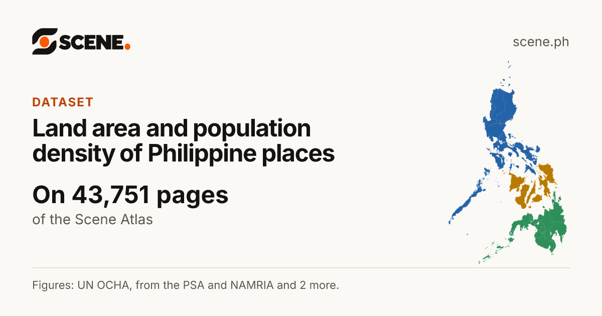 Land area and population density of Philippine places, a dataset of the Scene Atlas shown on 43,751 pages.